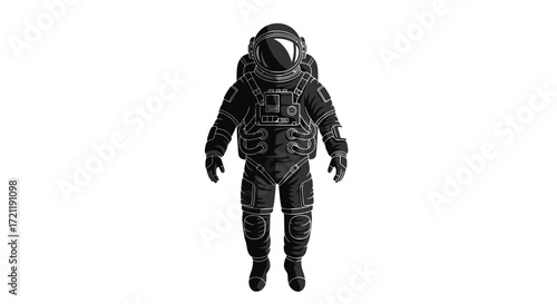 A solitary spaceman in graphic black and white floats against an empty stark backdrop