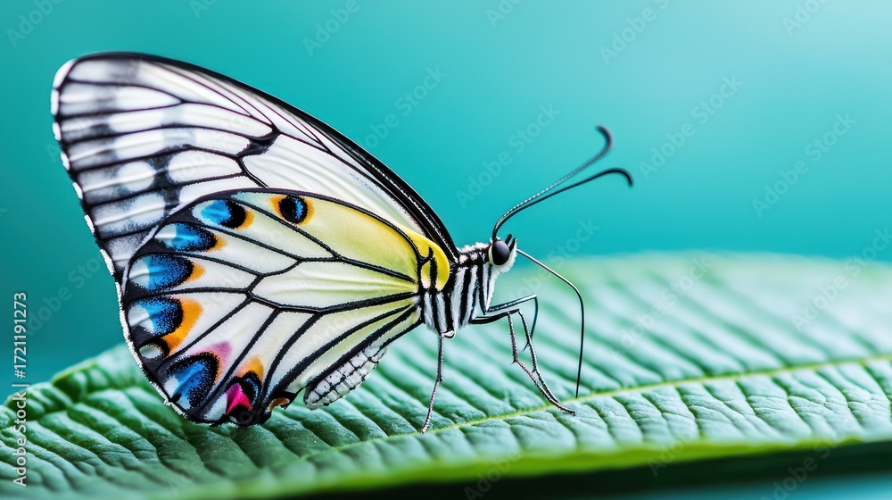 Fototapeta premium Butterfly resting on green leaf nature scene macro photography bright background close-up view beauty of insects