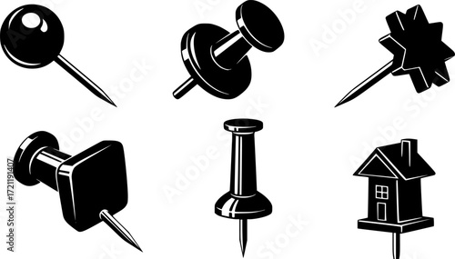 A collection of six black push pin vector silhouettes isolated on white
