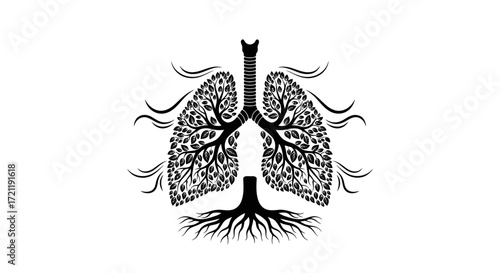 Artistic representation of human lungs resembling a tree with roots in monochrome style
