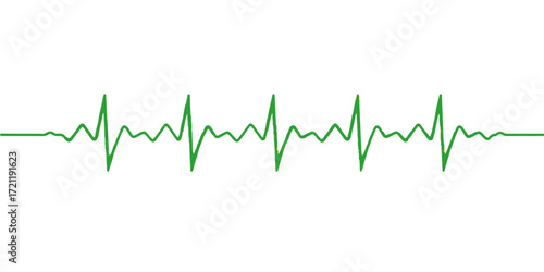 Medical EKG heartbeat pulse on a green and blue heart monitor screen with a dynamic graph line, illustrating a healthy cardiac wave