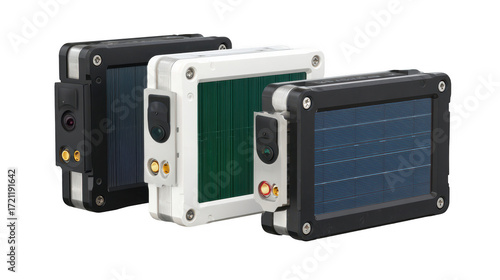 Three solar panels in a row on transparent png background