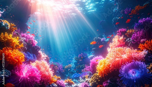 Vibrant Underwater Coral Reef Scene with Colorful Fish