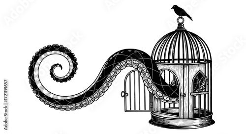 Bird on cage with ominous tentacle emerging, symbolizing impending change