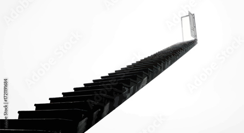 Black and white stairway with minimalist design leading to a door in the sky