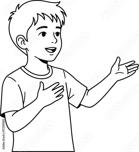 A boy with short light brown hair, smiling and speaking, with his arms outstretched.