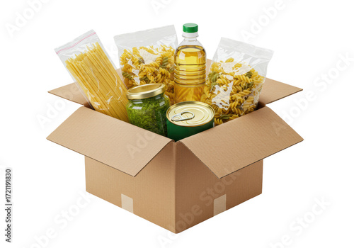 Open brown cardboard box filled with spaghetti, pesto, canned goods, cooking oil, and various dry pasta, neatly arranged on a transparent background with copy space, concept of food aid and charity