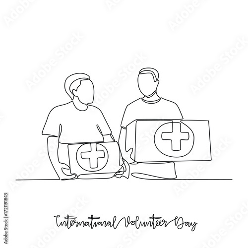One continuous line drawing of International Volunteer Day vector illustration. International Volunteer Day themes design concept in simple linear continuous line. Great design for social campaign.
