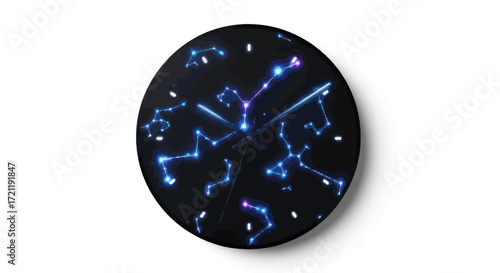 Celestial timekeeping luminous constellations adorn a modern circular clock face revealing astral
