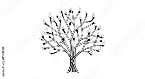 Conceptual illustration of a stylized burning matchstick tree against white backdrop