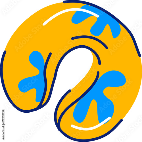 Vibrant yellow travel pillow adorned with blue abstract shapes on black backdrop