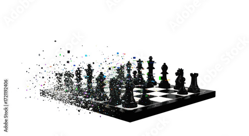 Digital disruption in strategic planning, game board unraveling into particles transformation