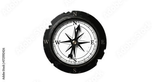 Distressed compass displaying north direction, navigational instrument concept exploration