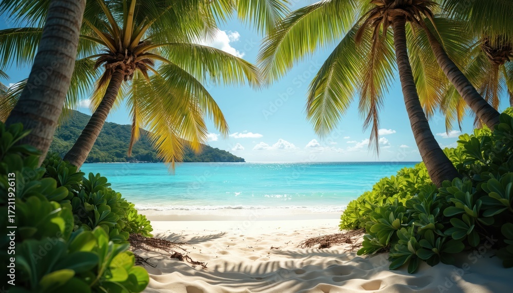 Fototapeta premium Exotic tropical paradise beach scene. Turquoise ocean meets white sand shore under rich palm trees. Island landscape invites vacation travel, summer holidays, and relaxation by the sea.