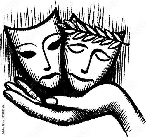 Hand holding theatrical masks symbolizing drama and performance  