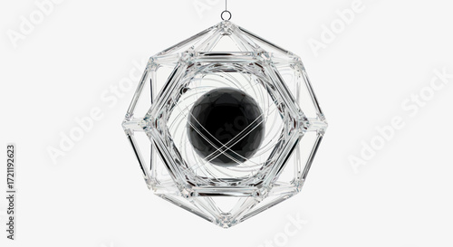 Elegant crystal structure with a dark sphere, intricate design and transparent casing hanging