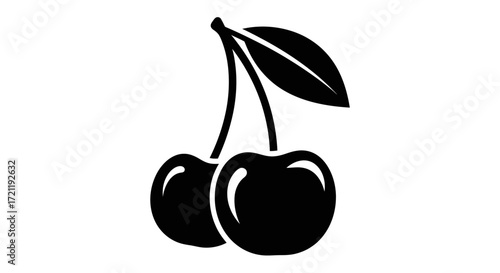 Elegant depiction of two cherries connected by stems with a leaf design fruit icon