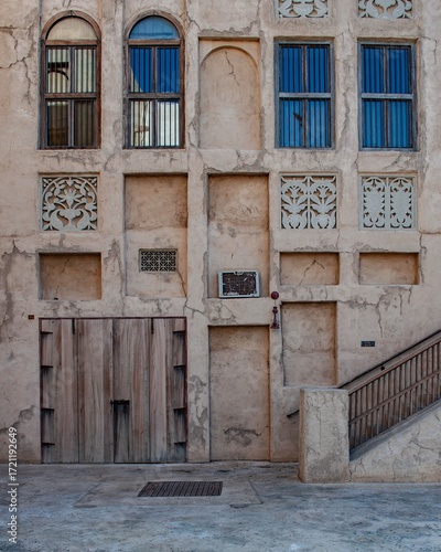 Historic Facade with Traditional Windows in Old Dubai