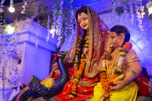Traditional Idol of Goddess Parvati with Lord Ganesha