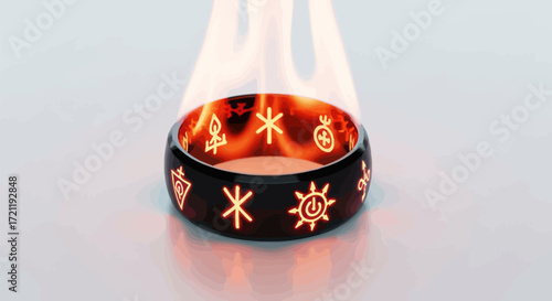 Enigmatic ring adorned with glowing mystical symbols casting an ethereal glow on a minimalist