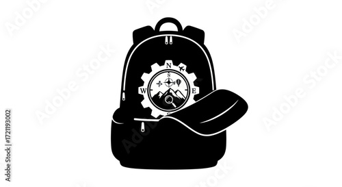 Exploration journey with backpack symbol of adventure gear equipment and navigation tools concept