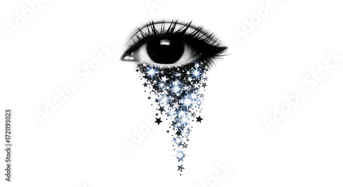Expressive artwork displaying a single eye with glittering star tears on a white space