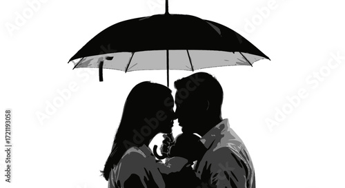 Family's black and white silhouette under umbrella conveys intimacy and protection in a minimalist