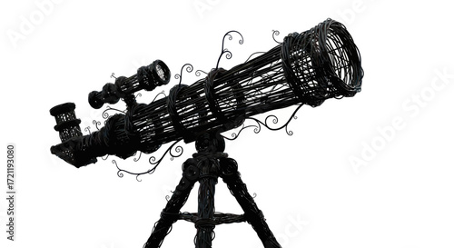 Fantastical woven telescope sculpture against white backdrop exudes artistic craftsmanship