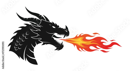 Fearsome dragon breathing intense fire emblem fantasy power mythical beast isolated illustration