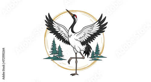Graceful crane illustration with raised wings in nature scene featuring pine trees