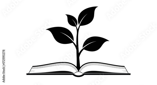 Growth of knowledge concept illustration depicting a plant emerging from a book, symbolizing the