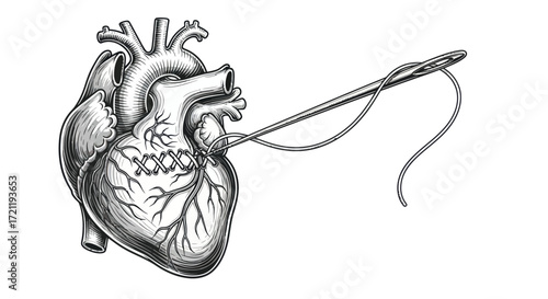 Intricate heart mending illustration with needle and thread showcasing healing symbolism
