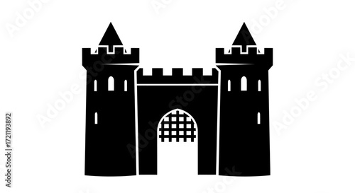 Majestic castle silhouette with towering turrets and arched gatehouse illustration