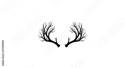 Minimalist black silhouette illustration of deer antlers resembling barren trees on white backdrop