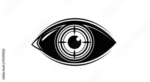 Monochrome artistic illustration of a stylized eye with a target optic design centered on the pupil