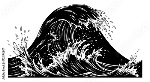 Monochrome depiction of a powerful surging sea wave against a clear white backdrop