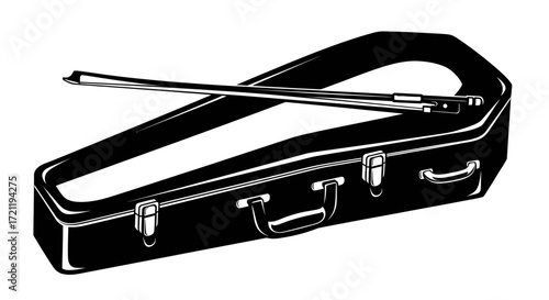 Monochrome illustration portraying a violin case with a bow resting above it expressing musical