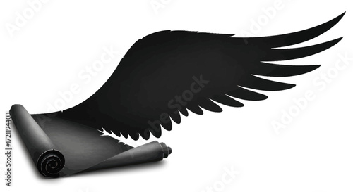 Mysterious scroll and winged allegory unfolds in a monochrome composition