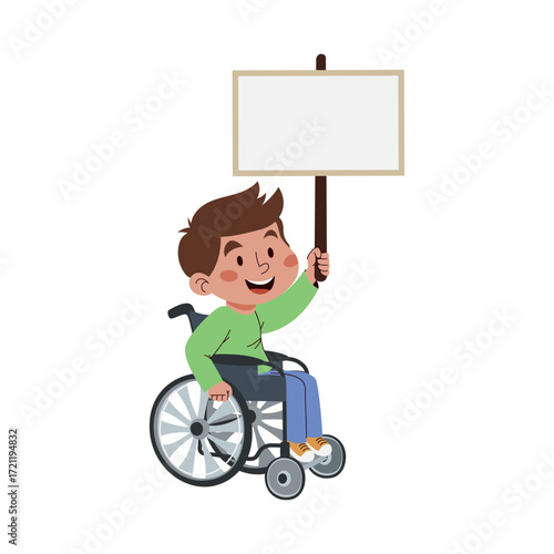 Vector illustration of a cheerful boy in a wheelchair holding a blank poster. The smiling character symbolizes inclusivity. Social message for educational materials, social campaigns