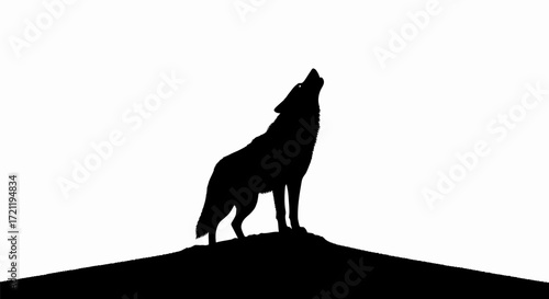Silhouette of a howling wolf against stark white background evoking wilderness and solitude