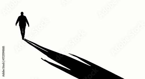 Silhouette of a solitary man walking with an elongated shadow minimalist design