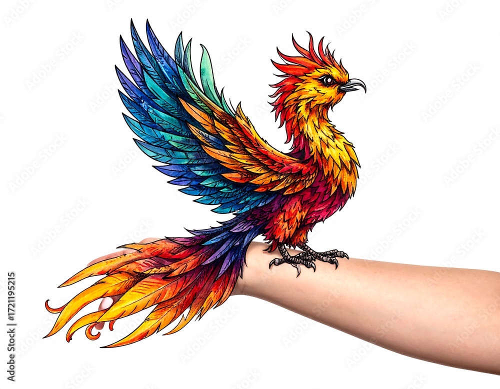 Fototapeta premium Colorful phoenix perched on a hand