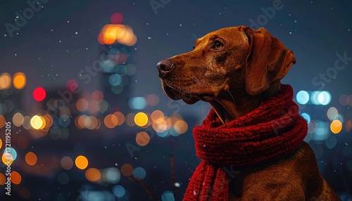 Brown Dog in Red Scarf, Night City Lights Background