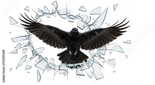 Symbolic breakthrough: a raven soars through shattered glass towards freedom triumph