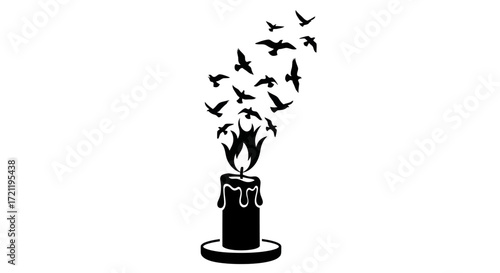 Symbolic depiction of liberation and transformation with a candle and flocking birds design