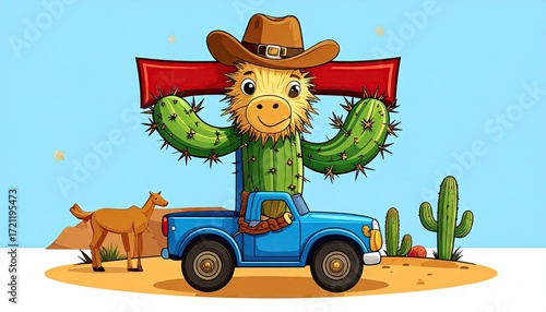 Cactus Cowboy in Blue Truck Desert Scene