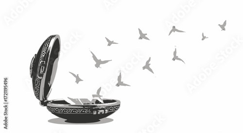 Symbolic vector art showcasing freedom emanating from an opened ornate box and birds
