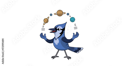 Whimsical blue jay cartoon character juggling colorful planets in a cosmic display of skill