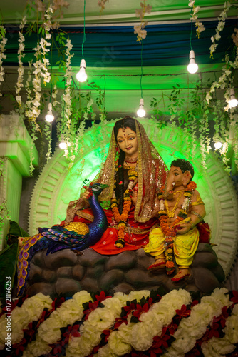 Traditional Idol of Goddess Parvati with Lord Ganesha