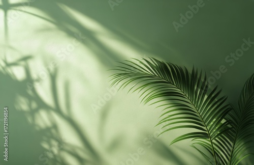 Green Palm Leaf Casts Shadows on a Soft Green Wall in Natural Light During th...